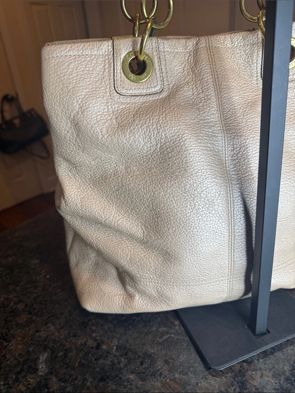 Coach Penelope Champagne Metallic Leather Shoulder Tote with Gold Hardware